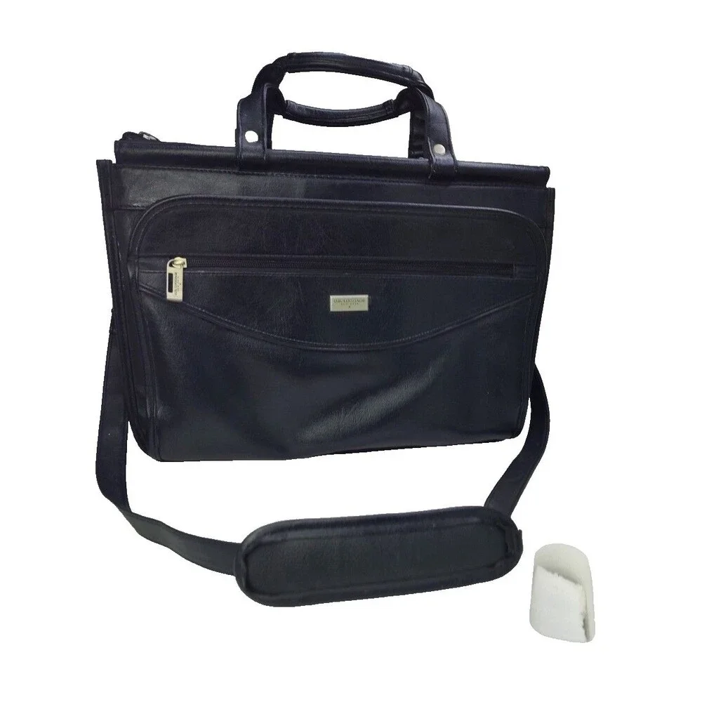 US Luggage New York Black Leather Expandable Briefcase Laptop Bag w Strap 16